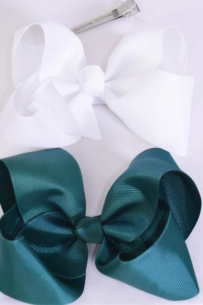 Hair Bow Jumbo Hunter Green & White Mix Grosgrain Bow-tie/DZ **Hunter Green & White Mix** Alligator Clip,Size-6"x 5" Wide,6 of each Color Asst,Clip Strip & UPC Code