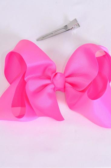 Hair Bow Jumbo Hot Pink Grosgrain Bow-tie / 12 pcs Bow = Dozen Hot Pink ,  Alligator Clip , Size - 6" x 5" Wide , Clip Strip & UPC Code