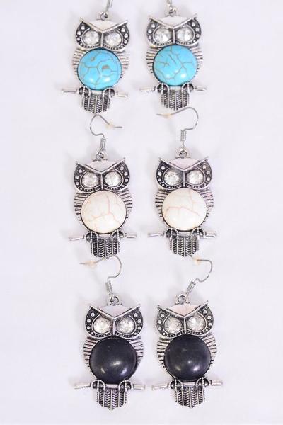 Earrings Metal Antique Owl Semiprecious Stone / 12 pair = Dozen match 75022 Fish Hook , Size - 1.5" x 1" Wide , 4 Black , 4 Ivory , 4 Turquoise Asst , Earring Card & OPP Bag & UPC Code 