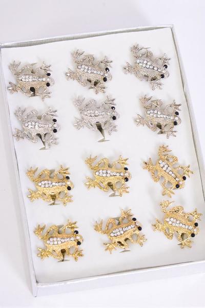 Rings Frog Rhinestone Metal Stretch / Dozen Size-1"x1" Wide , 6 Gold & 6 Silver Mix , 1 Dozen Display Ring Box ,OPP Bag & UPC Code & OPP Bag 