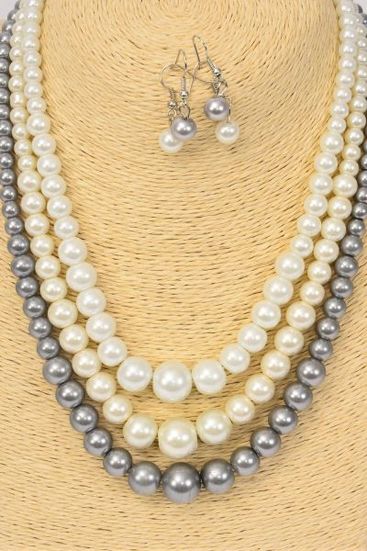 Necklace Sets Graduated From 12 mm Glass Pearl Natural/DZ **Natural** 20" Long,4 white,4 Cream,4 Gray,3 Color Mix,Hang Tag & Opp bag & UPC Code-