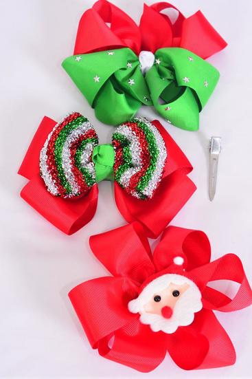 Hair Bow Jumbo Christmas Splendid Christmas Grosgrain Bow-tie / 12 pcs Bow = Dozen  Christmas , Alligator Clip , Bow Size - 6" x 5" , 4 of each Pattern Asst , Clip Strip & UPC Code