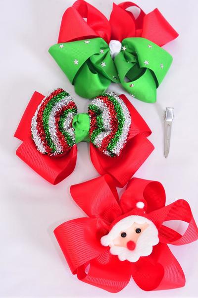 Hair Bow Jumbo Christmas Splendid Christmas Grosgrain Bow-tie / 12 pcs Bow = Dozen  Christmas , Alligator Clip , Bow Size - 6" x 5" , 4 of each Pattern Asst , Clip Strip & UPC Code