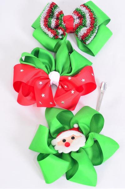 Hair Bow Jumbo Star Santa Splendid Christmas Theme Grosgrain Bow-tie / 12 pcs Bow = Dozen Christmas , Alligator Clip , Bow Size - 6" x 5" Wide , 4 of each Pattern Asst , Clip Strip & UPC Code
