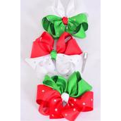 Hair Bow Jumbo Bow XMAS Silver Star Studded Grosgrain Bowtie/DZ **Alligator Clip** Size-6&quot;x 6&quot; Wide,4 of each Color Asst,Clip Strip &amp; UPC Code