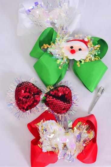 Hair Bow Jumbo Santa Unicorn Sequin Pattern Mix Grosgrain Bow-tie / 12 pcs Bow = Dozen Christmas , Alligator Clip , Bow Size - 6" x 5" , 4 of each Pattern Asst , Clip Strip & UPC Code