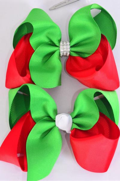 Hair Bow Jumbo XMAS 2-Tone Center Clear Stone Grosgrain Bow-tie / 12 pcs Bow = Dozen Christmas , Alligator Clip , Size - 6" x 5" Wide , 6 of each Pattern Asst , Clip Strip & UPC Code