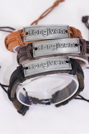 Bracelet Real Leather Band Silver Forgiven/DZ Unisex,Adjustable,4 of each Color Mix,Individual Hang tag & OPP Bag & UPC Code