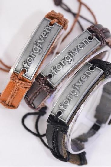 Bracelet Real Leather Band Silver Forgiven/DZ **Unisex** Adjustable,4 of each Color Mix,Individual Hang tag & OPP Bag & UPC Code
