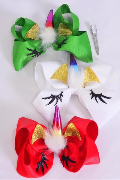 Hair Bow Jumbo Christmas Unicorn Rainbow Metallic Grosgrain Bow-tie / 12 pcs Bow = Dozen Christmas , Bow Size - 6"x 5" , Alligator Clip , 4 of each Color Asst , Clip Strip & UPC Code