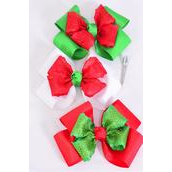 Hair Bow Jumbo XMAS Double Layered Mesh Bowtie Red White Green Mix Grosgrain Bow-tie/DZ **Alligator Clip** Size-6&quot;x 6&quot; Wide,4 of each Color Asst,Clip Strip &amp; UPC Code.