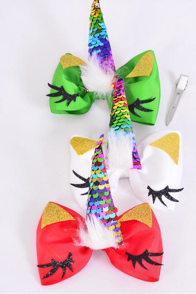 Hair Bow Jumbo Unicorn Flip Sequin Rainbow Horn Grosgrain Bow-tie / 12 pcs Bow = Dozen Unicorn , Alligator Clip , Bow - 6" x 5" Wide , 4 Red , White , 4 Green Color Asst , Clip Strip & UPC Code