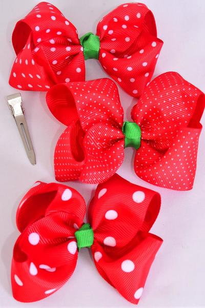 Hair Bow Large Christmas Polka dots Grosgrain Bow-tie / 12 pcs Bow = Dozen Alligator Clip , Size - 4"x 3" Wide , 4 of each Pattern Asst , Clip Strip & UPC Code