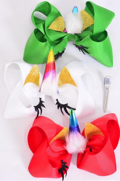 Hair Bow Jumbo Christmas Unicorn Rainbow Metallic Grosgrain Bow-tie / 12 pcs Bow = Dozen Unicorn , Bow Size - 6" x 5" , Alligator Clip , 4 of each Color Asst , Clip Strip & UPC Code