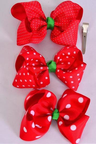  Hair Bow Large Red W White Polka dots Grosgrain Bow-tie / 12 pcs Bow = Dozen 1 items Alligator Clip , Size - 4" x 3" Wide , 4 of each Pattern Asst , Clip Strip & UPC Code
