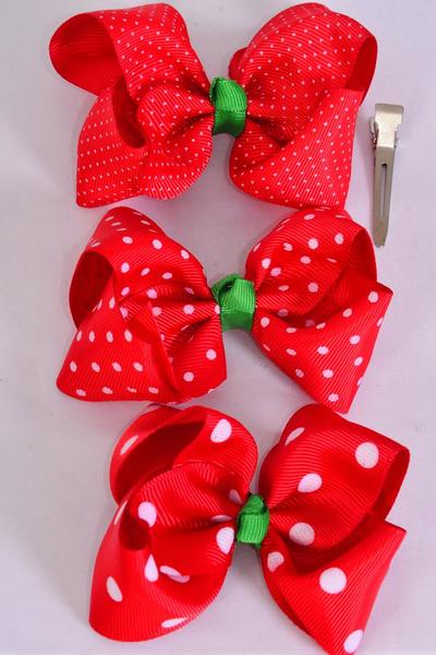 Hair Bow Large Red W White Polka dots Grosgrain Bow-tie / 12 pcs Bow = Dozen 1 items Alligator Clip , Size - 4" x 3" Wide , 4 of each Pattern Asst , Clip Strip & UPC Code
