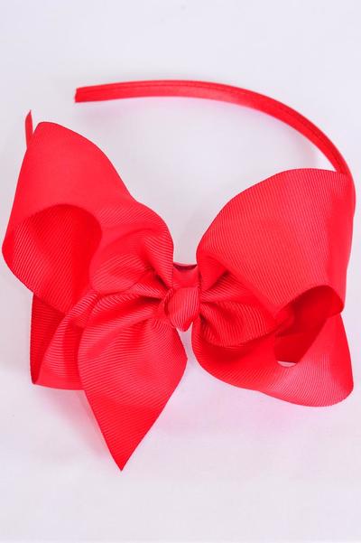 Headband Horseshoe Jumbo Grosgrain Bow-tie Red / 12 pcs = Dozen Red , Bow Size - 5" x 6" Wide , Hang Tag & UPC Code , Clear Box