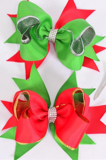 Hair Bow Jumbo Double Layered Metallic Grosgrain Bow-tie / 12 pcs Bow = Dozen Christmas , Alligator Clip , Size - 6" x 5" Wide, 6 of each Pattern Mix , Clip Strip & UPC Code