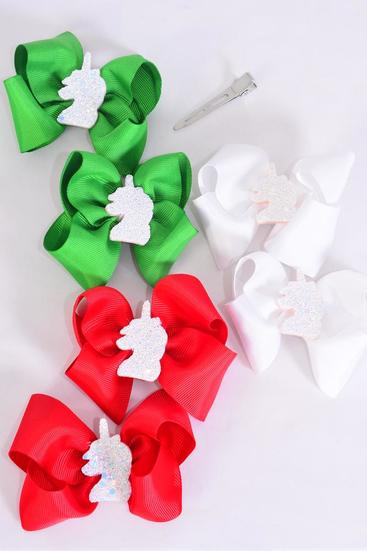 Hair Bow 24 pcs XMAS Center Unicorn Charm Grosgrain Bow-tie / 24 pcs Bow = Dozen  Unicorn , Alligator Clip , Size - 3.5" x 3",  4 Red , 4 White , 4 Green Color Asst , Clip Strip & UPC Code