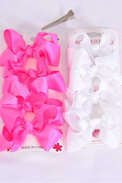 Hair Bows 48 pcs Grosgrain Bow-tie Hot Pink White Mix /  12 card = Dozen Alligator Clip , Bow Size - 3" x 2" Wide , 6 of each Color Asst , 4 pcs per card , 12 card = Dozen