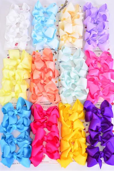 Hair Bows 48 pcs Grosgrain Bow-tie Rainbow Color Mix / 12 card = Dozen  Alligator Clip , Bow Size - 3" x 2" Wide , 12 Color Asst , 4 pcs per card , 12 card = Dozen