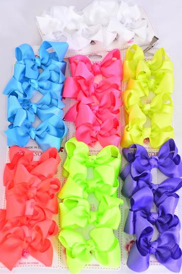 Hair Bows 48 pcs Caribbean Neon Grosgrain Bow-tie /12 card = Dozen  Alligator Clip , Size - 3" x 2" Wide , 2 Turquoise , 2 Orange , 2 White , 2 Pink, 2 Purple, 1 Yellow , 1 Lime Asst , 4 pcs per card , 12 Card = DZ