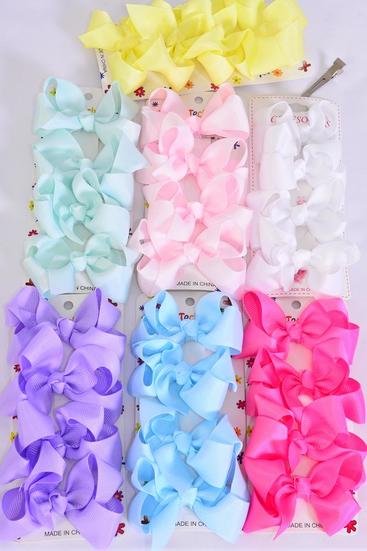 Hair Bows 48 pcs Grosgrain Bow-tie Pastel / 12 card = Dozen  Alligator Clip , Size - 3" x 2", 2 white , 2 Baby Pink , 2 Hot Pink , 2 Yellow , 2 Lavender , 1 Blue , 1 Mint Green Color Asst , Clip Strip & UPC Code