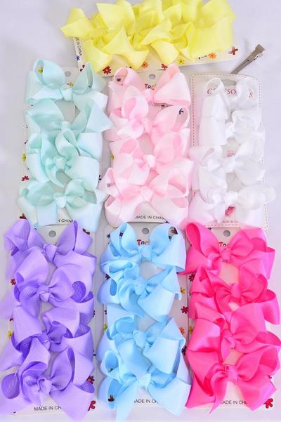 Hair Bows 48 pcs Grosgrain Bow-tie Pastel / 12 card = Dozen  Alligator Clip , Size - 3" x 2", 2 white , 2 Baby Pink , 2 Hot Pink , 2 Yellow , 2 Lavender , 1 Blue , 1 Mint Green Color Asst , Clip Strip & UPC Code