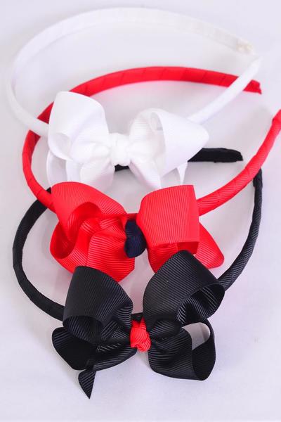 Headband Horseshoe Grosgrain Bow-tie Red White Black Mix / 12 pcs = Dozen  Bow Size-4"x 3" Wide ,4 Red , 4 White , 4 Black Mix , Hang tag & UPC Code , Clear Box