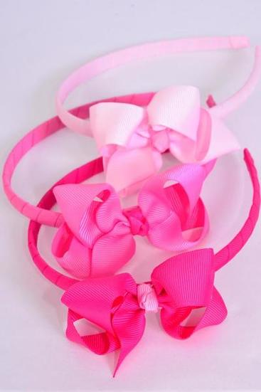 Headband Horseshoe Grosgrain Bow-tie Pink Mix / 12 pcs = Dozen Pink Mix , Bow Size - 4" x 3" Wide , 4 Fuchsia , 4 Hot Pink , 4 Baby Pink Asst , Hang Tag & UPC Code , W Clear Box