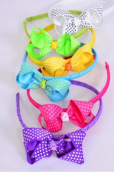Headband Horseshoe Polka dots Grosgrain Bow-tie Citrus / 12 pcs  = Dozen Bow Size - 4" x 3" Wide , 2 of each Color Asst , Hang tag & UPC Code , W Clear Box