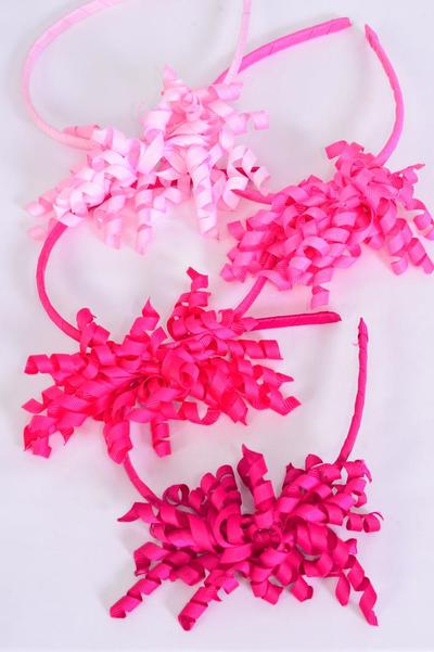 Headband Horseshoe Twirl Grosgrain Bow-tie Pink Mix / 12 pcs = Dozen Pink Mix , Size - 5" x 4" Wide , 3 Baby Pink , 3 Hot Pink , 3 Fuchsia , 3 Shocking Pink Mix , Hang Tag & UPC Code , W Clear Box