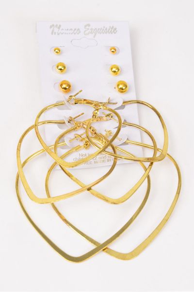 Earrings Gold 6 Pair Hearts & Round Studs Mix / 72 pair = Dozen Post , Size-Hearts 1.75" , 2" , 2.75" Mix , Earring Card & OPP bag & UPC Code , 12 Card = Dozen