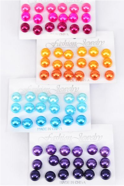 Earrings 9 pair 12 mm ABS Pearl Mix Multi / 12 card = Dozen Post , Size-12 mm , 3 of each Color Mix , Earring Card & OPP Bag & UPC Code , 12 card = Dozen