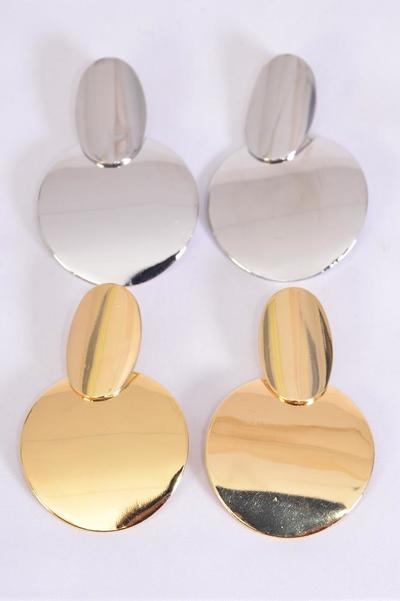Earrings Metal Circle Gold Silver Mix / 12 pair = Dozen Post , Size-2"x 1.5" Wide , 6 Gold , 6 Silver Mix , Earring Card & OPP Bag & UPC Code