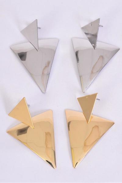 Earrings Metal Triangle Dangle Gold Silver Mix / 12 pair = Dozen Post , Size-2.25" x 1.25" Wide , 6 Gold , 6 Silver Mix , Earring Card & OPP Bag & UPC Code