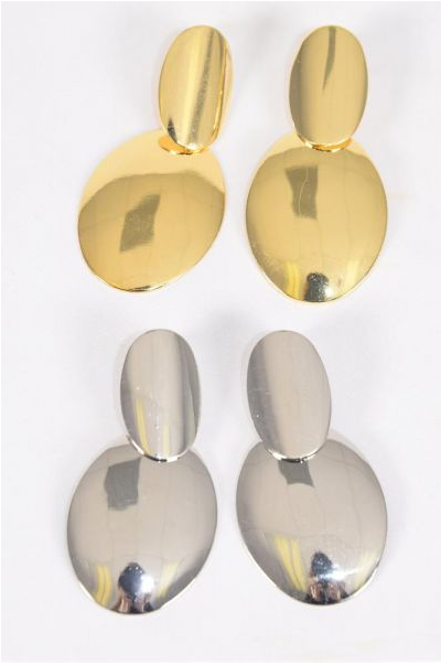 Earrings Metal Oval Dangle Gold Silver Mix Post / 12 pair = Dozen Post , Size-2.25"x 1.25" Wide , 6 Gold , 6 Silver Mix , Earring Card & OPP Bag & UPC Code