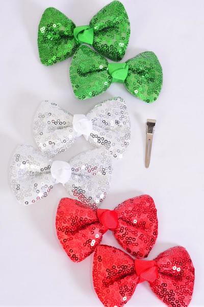 Hair Bow 24 pcs XMAS Sequin Bowtie Grosgrain Bow-tie / 24 pcs Bow = Dozen  Christmas , Size-3.5" x 2.5" , Alligator Clip , 4 of each Color Asst , Clip Strip & UPC Code