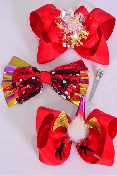 Hair Bow Jumbo XMAS Enchanted Christmas Red Mix Grosgrain Bow-tie / 12 pcs Bow = Dozen Christmas , Bow Size-6"x 5", Alligator Clip , 4 of each Pattern Asst , Clip Strip & UPC Code