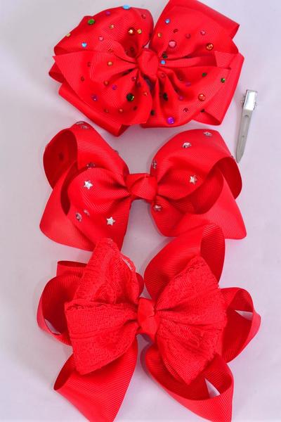 Hair Bow Jumbo XMAS Red Christmas White Mix Grosgrain Bow-tie / 12 pcs Bow = Dozen Bow Size-6"x 5" , Alligator Clip , 4 of each Pattern Asst , Clip Strip & UPC Code