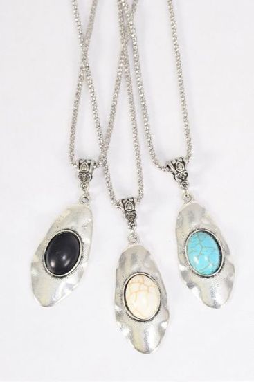Necklace Silver Chain Oval Metal Antique Oval Semiprecious Stone/DZ match 03095 Pendant-2" x 1" Wide,Chain-18" Extension Chain,4 Ivory,4 Black,4 Turquoise Asst,Hang Tag & OPP Bag & UPC Code