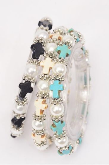 Bracelet 8 mm Pearl & Cross Semiprecious Stone Stretch / 12 pcs = Dozen Stretch , 4 Black , 4 Ivory , 4 Turquoise Color Asst , Hang Tag & Opp Bag & UPC Code