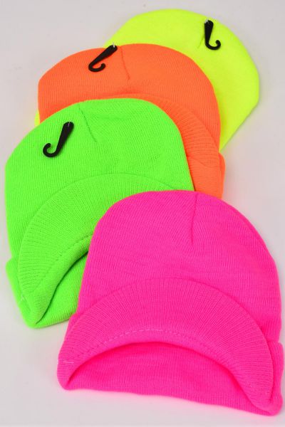 Winter Knit Hat Neon w Visor Polyester Heavy Weight / 12 pcs = Dozen 3 Of Each Color Asst , Hang Tag & OPP Bag & UPC Code