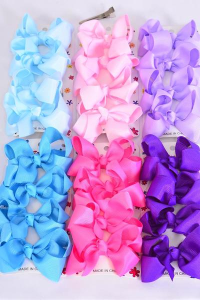 Hair Bows 48 pcs Grosgrain Bow-tie Spring Mix /  12 card = Dozen Alligator Clip , Bow Size-3"x 2" Wide , 3 Baby Pink , 3 Hot Pink , 3 Lavender , 3 Purple , 3 Baby Blue , 3 Turquoise Color Mix