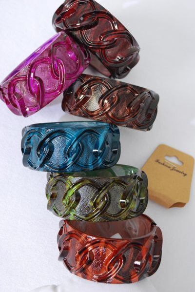 Bracelet Bangle Acrylic Hinge Marble Look Chain Pattern Multi / 12 pcs = Dozen Hinge , Size-2.75"x 1.5" Dia Wide , 2 Fuchsia , 2 Blue , 2 Burgundy , 2 Huntergreen , 2 Brown , 2 Orange Color Asst , Hang Tag & OPP Bag & UPC Code