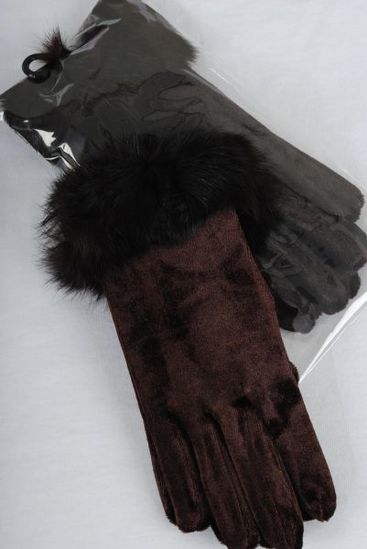 Velvet Glove Brown With Real Rabbit Fur Stretch/PC **Department Store Quality** OPP Bag & UPC Code
