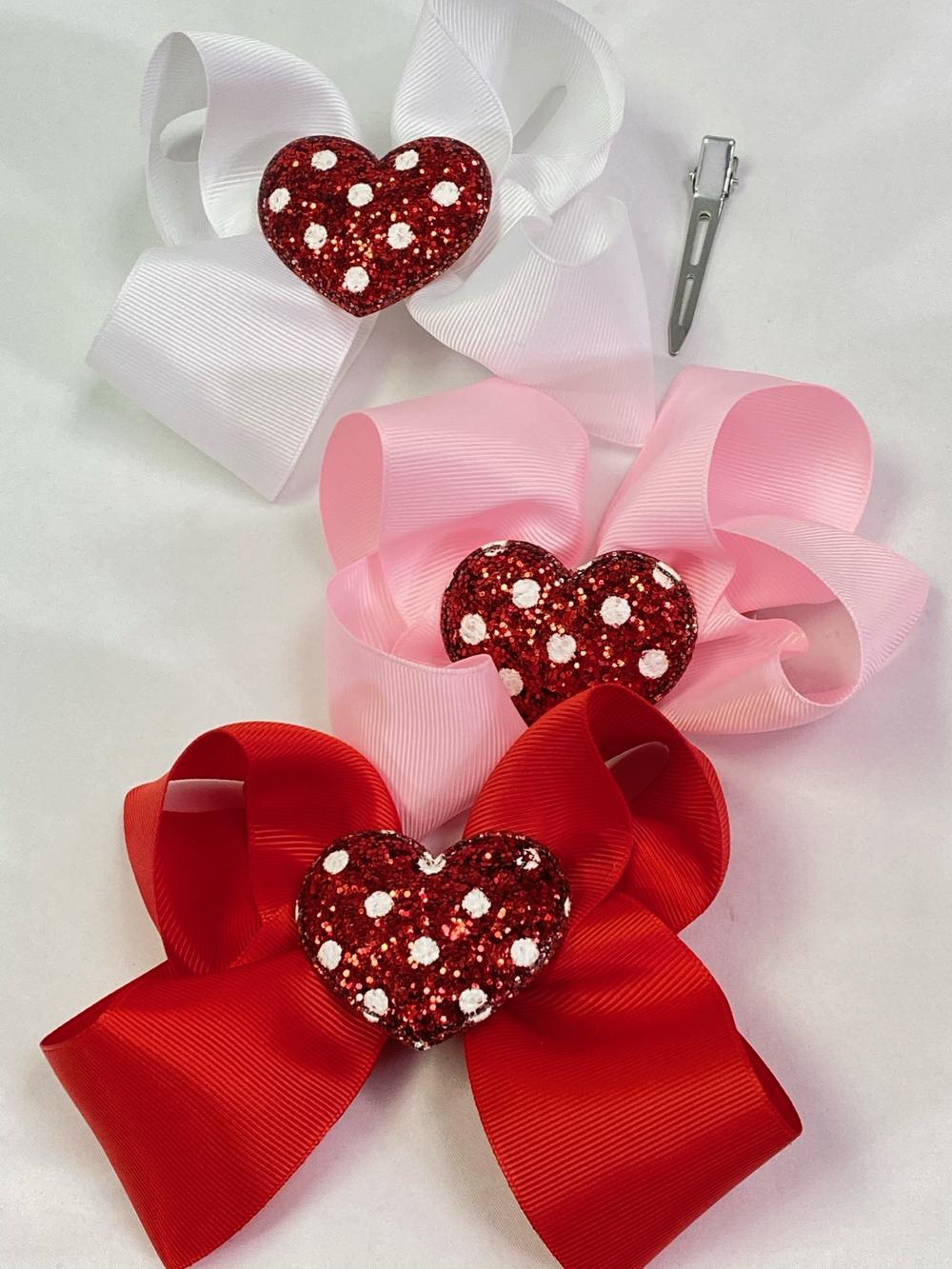 Hair Bow Jumbo Large Red Glitter Puffy Heart Grosgrain Bow-tie/DZ