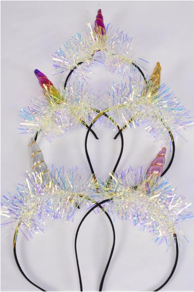 Headband Horseshoe Unicorn Horn Iridescent Multi / 12 pcs  = Dozen Unicorn - 3" x 1.25" Wide , 4 Multi , 2 Gold , 2 Silver , 2 Pink , 2 Fuchsia Asst , OPP Bag and UPC Code