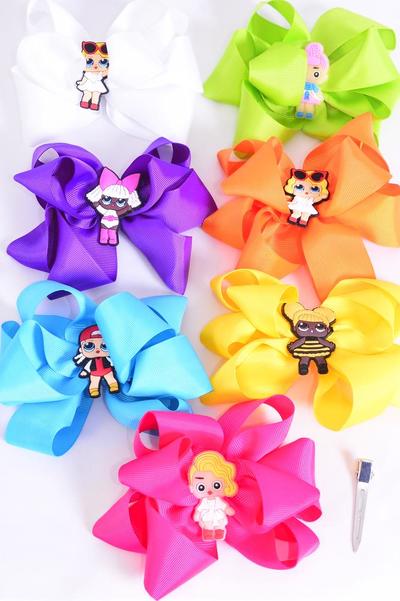 Hair Bow Jumbo Double Layered LOL Doll Charm Citrus Grosgrain Bow-tie / 12 pcs = Dozen  Alligator Clip , Size - 6" x 5" Wide , 2 Fuchsia , 2 Blue , 2 Yellow , 2 Purple , 2 White , 1 Lime , 1 Orange Color Mix , Clip Strip & UPC Code
