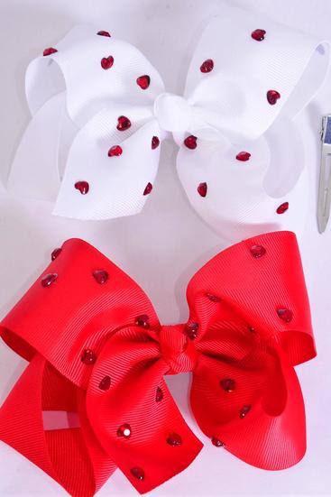 Hair Bow Jumbo Studded Red Heart Stones Grosgrain Bow-tie/DZ **Red & White Mix** Alligator Clip,Size-6"x 5" Wide,6 of each Color Asst,Clip Strip & UPC Code